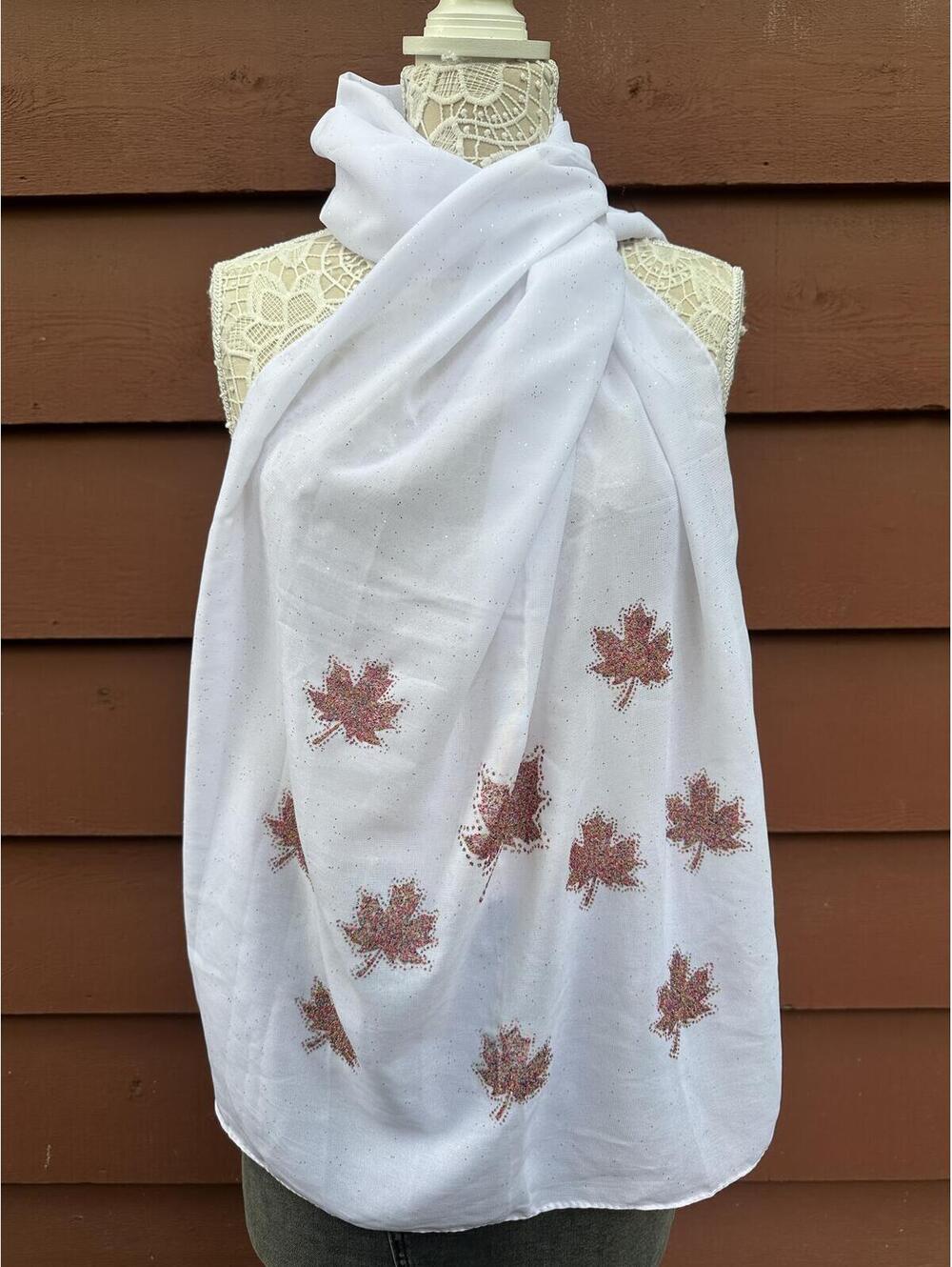 Farnas White Maple‎ Leaf Embroidered Scarf